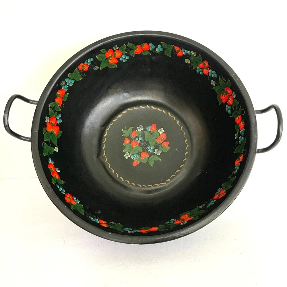 Vintage Hand Painted Toleware Metal Bowl Strawberry Blueberry Footed Basin 14.5